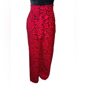 Ecowish Red Leopard Print Wide Leg High Waisted Pants With Tie, Size Large, NWOT